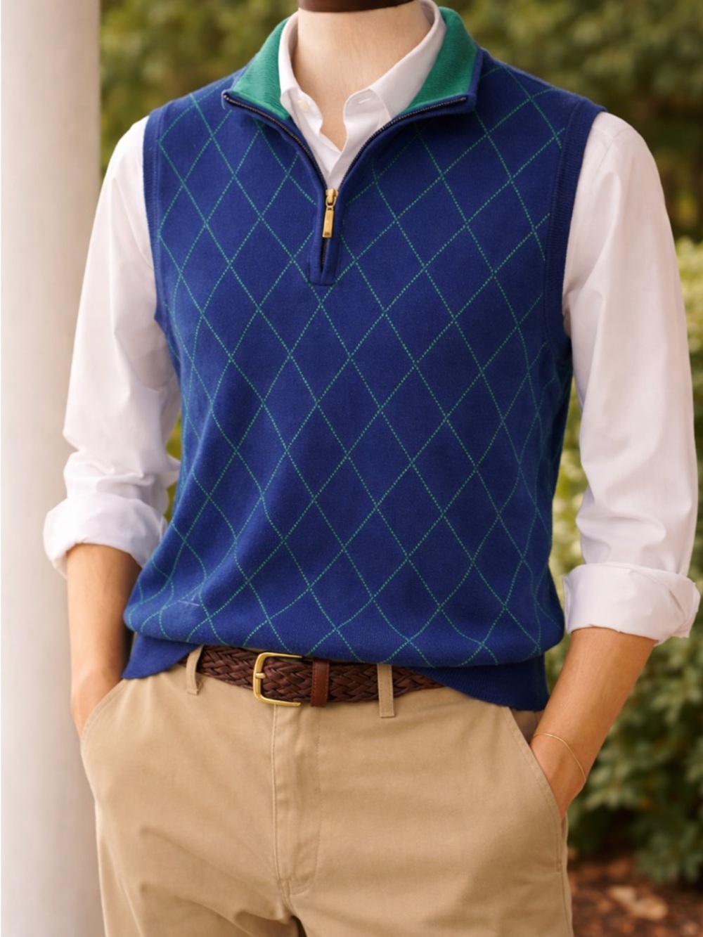Brooks Brothers Argyle Sweater Vest Blue Green 1/4 Zip Preppy Golf Size L